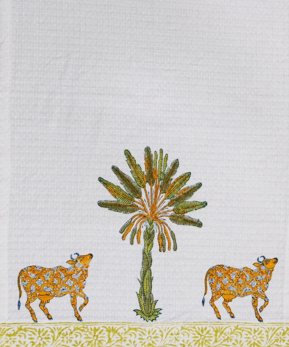 Block Printed 1 Pc Bath and 2 Pcs Hand Towel Set | White & Green Palm & Cow | Cotton Honeycomb