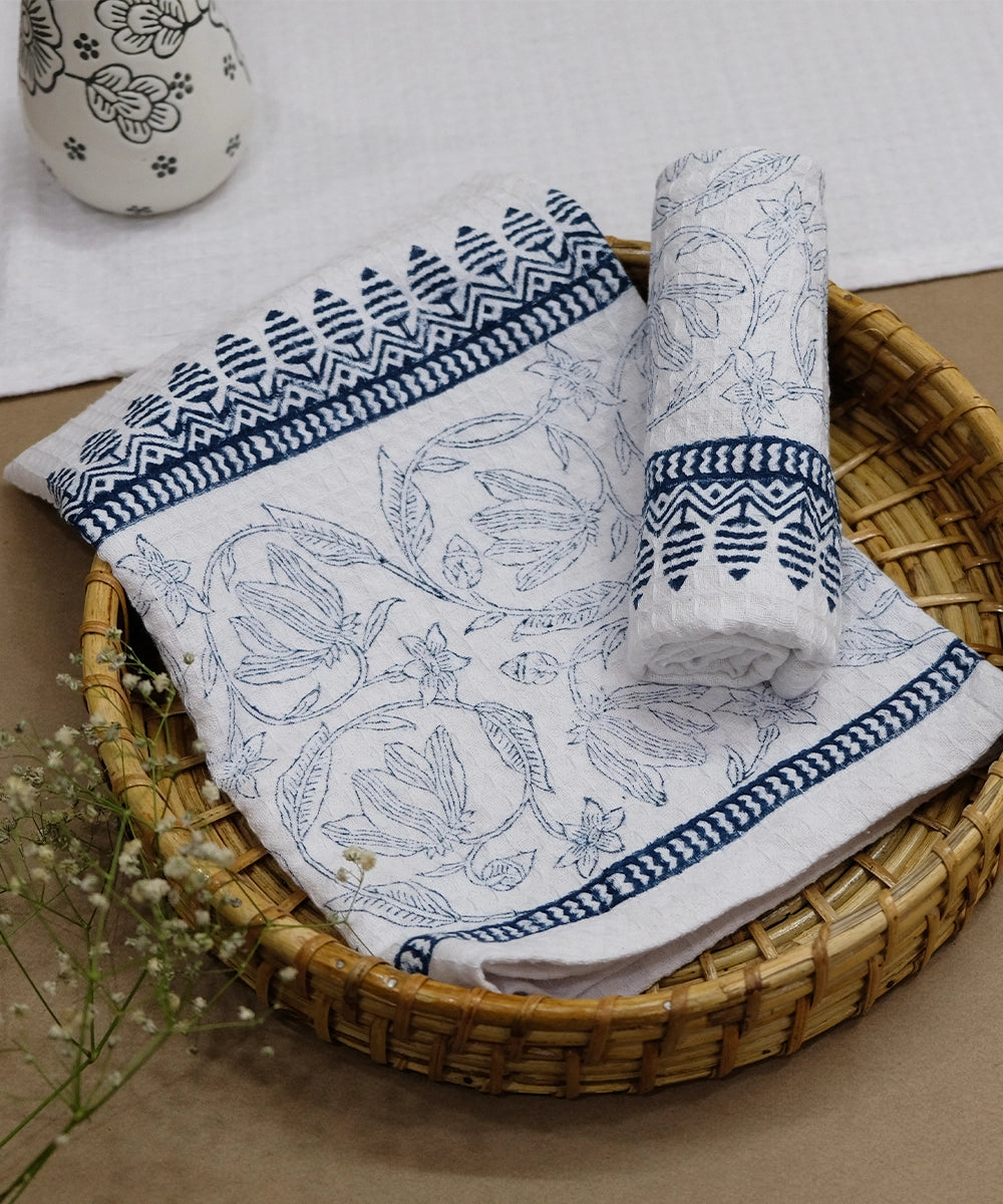 Block Printed Hand Towel | Set of 2 pcs | White & Indigo Cotton HoneyComb Waffle