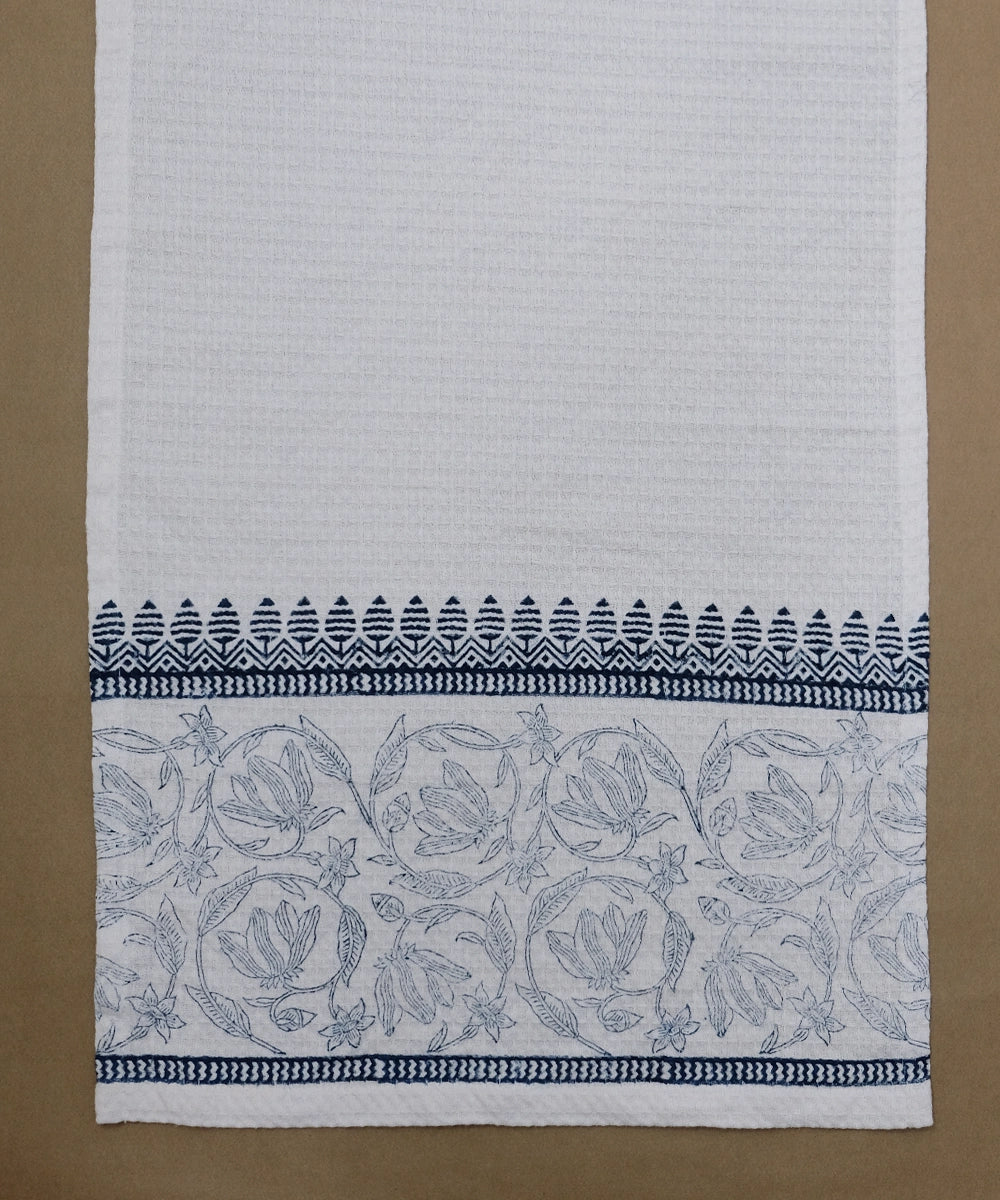 Block Printed Hand Towel | Set of 2 pcs | White & Indigo Cotton HoneyComb Waffle