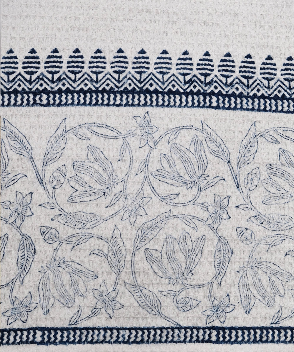 Block Printed Hand Towel | Set of 2 pcs | White & Indigo Cotton HoneyComb Waffle