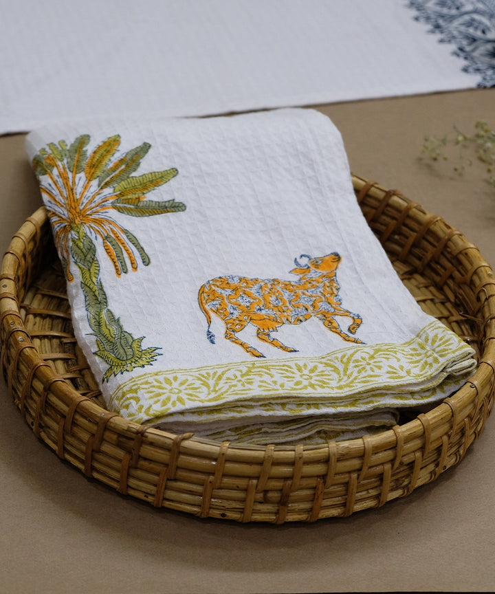 White & Green Palm and Cow Hand Block Printed Cotton Honey Comb Bath Towel (34" x 58")