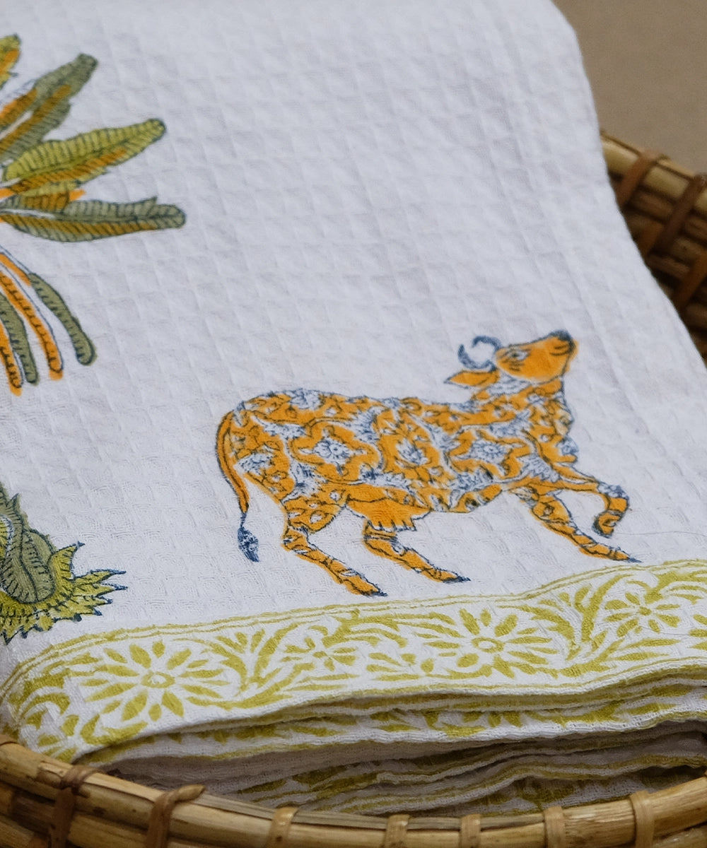 Block Printed Bath Towel | White & Green Palm and Cow | Cotton HoneyComb Fabric