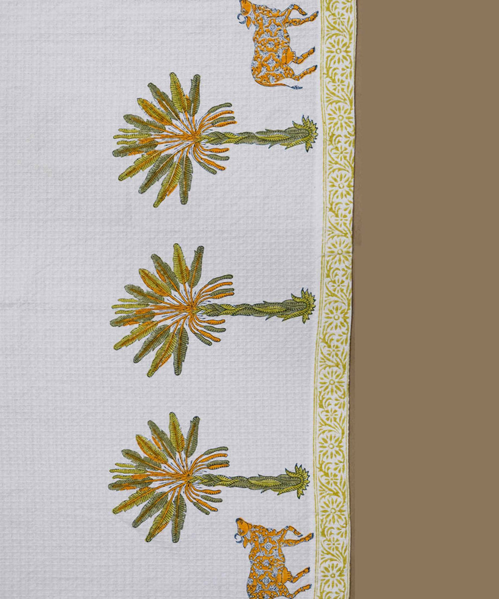 Block Printed Bath Towel | White & Green Palm and Cow | Cotton HoneyComb Fabric