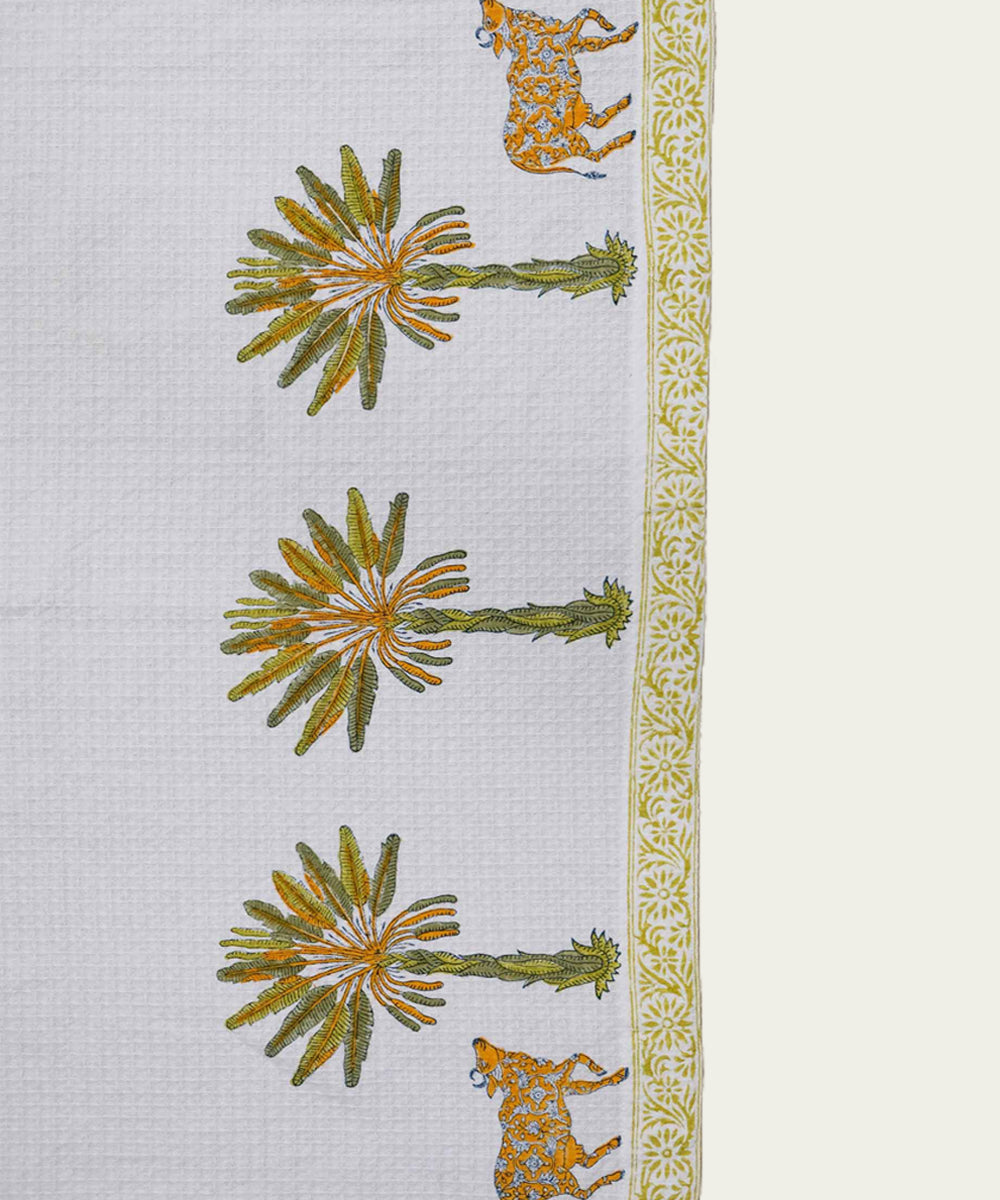 Block Printed 1 Pc Bath and 2 Pcs Hand Towel Set | White & Green Palm & Cow | Cotton Honeycomb