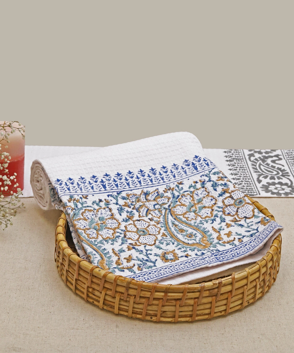 Block Printed Bath Towel | White Coffee Paisley | Cotton Honeycomb Waffle