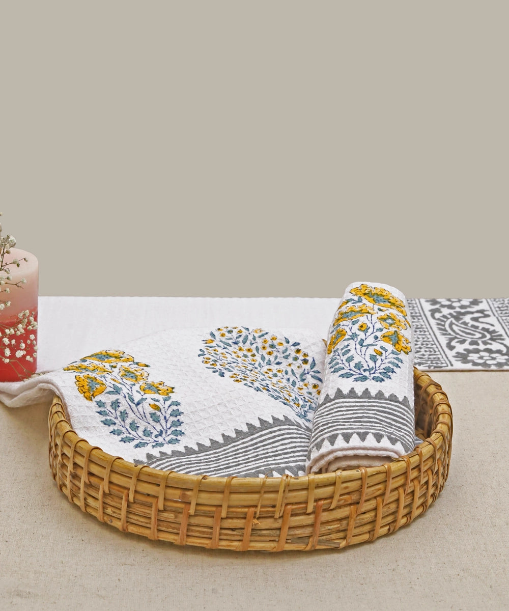 Block Print Hand Towel | Set of 2 pcs | Yellow Floral Cotton Honeycomb Waffle