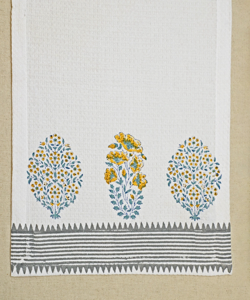 Block Print Hand Towel | Set of 2 pcs | Yellow Floral Cotton Honeycomb Waffle