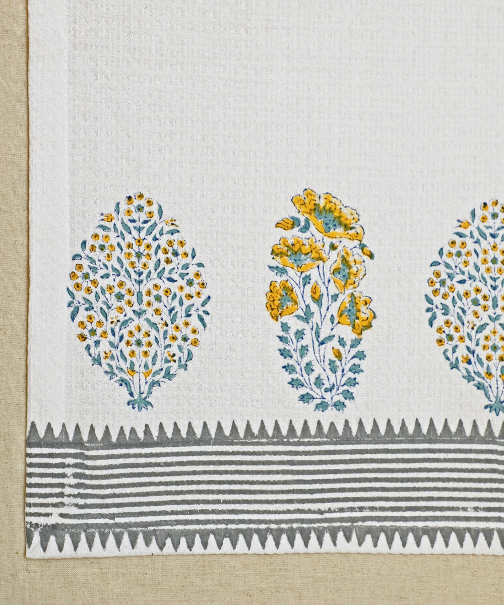 Block Print Hand Towel | Set of 2 pcs | Yellow Floral Cotton Honeycomb Waffle