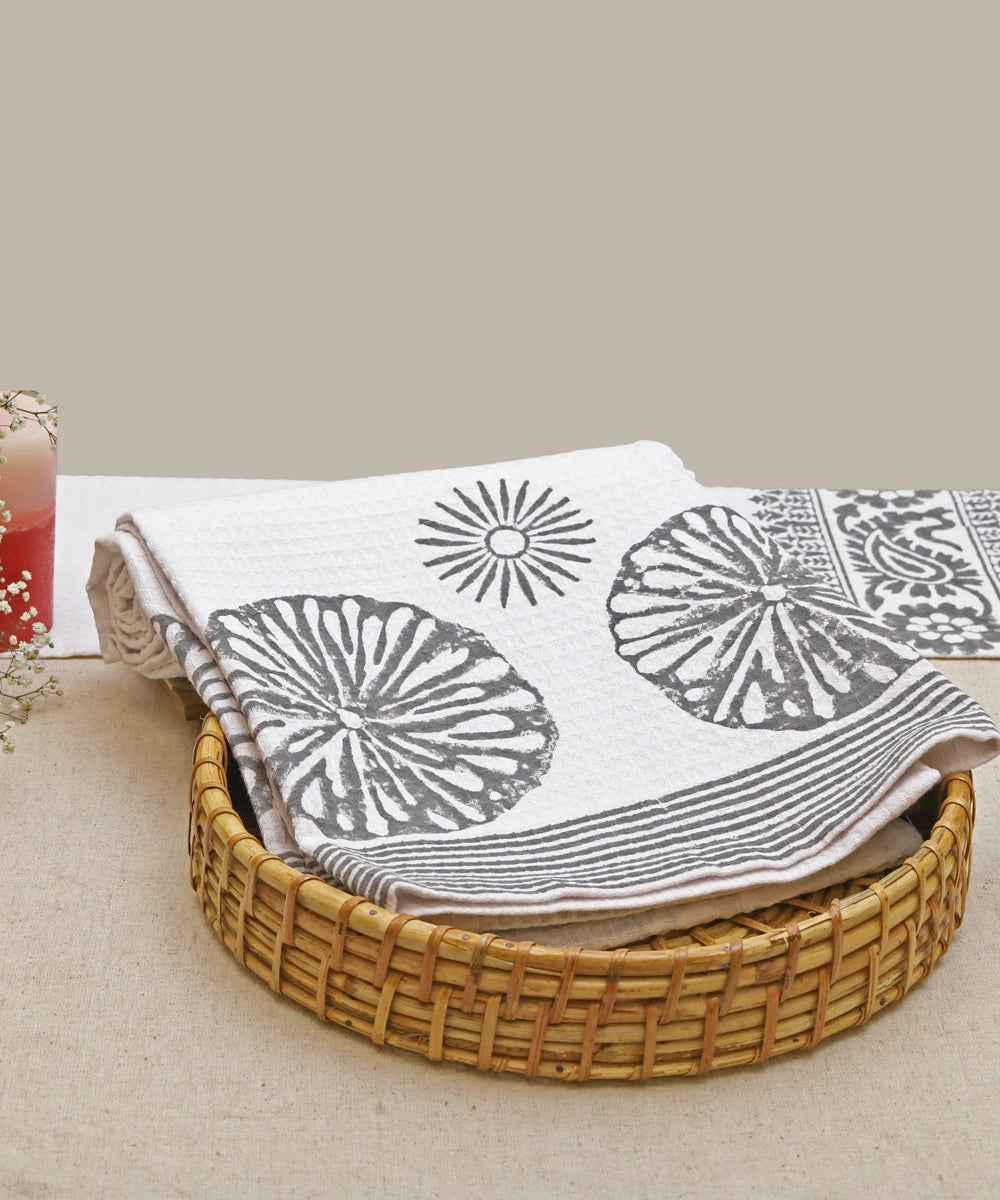 Block Printed Bath Towel | White Grey Circle | Cotton Honeycomb Waffle