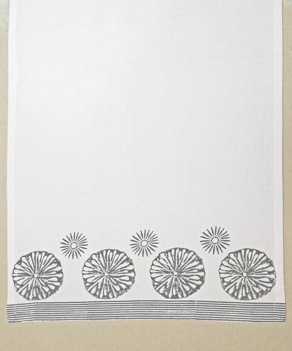 Block Printed Bath Towel | White Grey Circle | Cotton Honeycomb Waffle