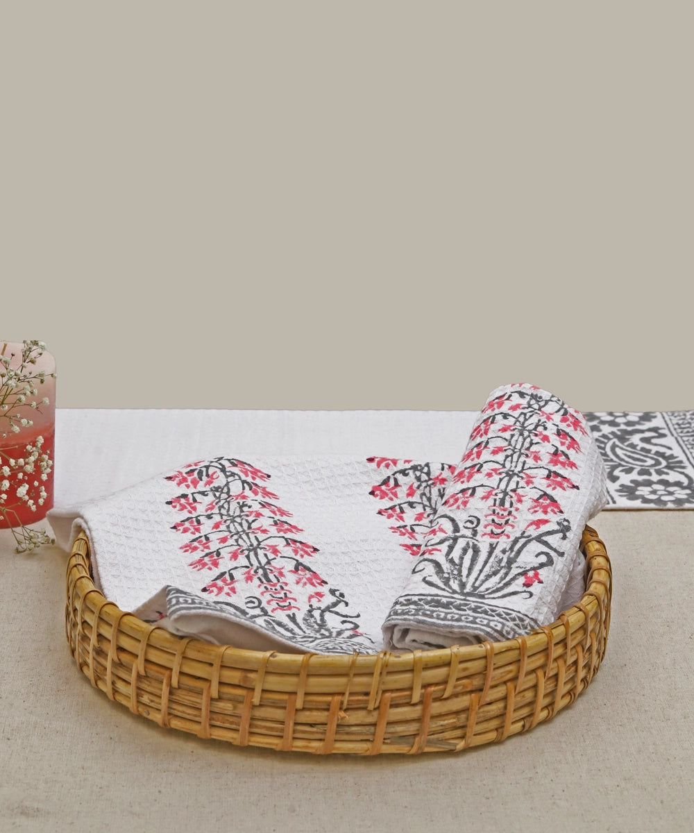 Block Printed Hand Towel | Set of 2 pcs | Navy & Pink Cotton Honeycomb Waffle