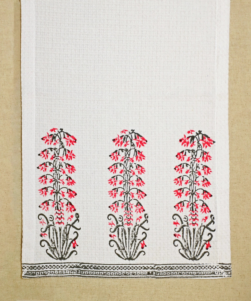 Block Printed Hand Towel | Set of 2 pcs | Navy & Pink Cotton Honeycomb Waffle