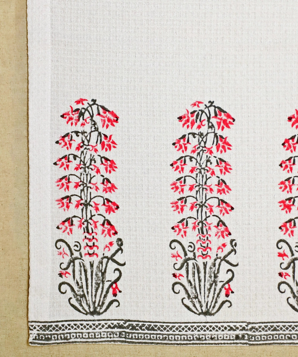 Block Printed Hand Towel | Set of 2 pcs | Navy & Pink Cotton Honeycomb Waffle
