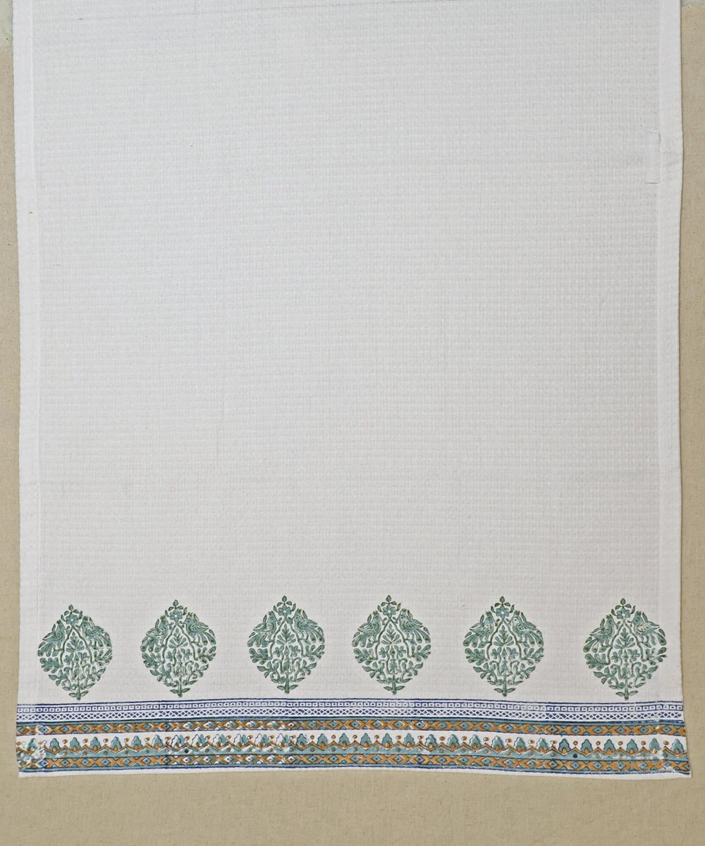 Block Printed 1 Pc Bath and 2 Pcs Hand Towel Set | White, Turq, Grey Honeycomb Fabric