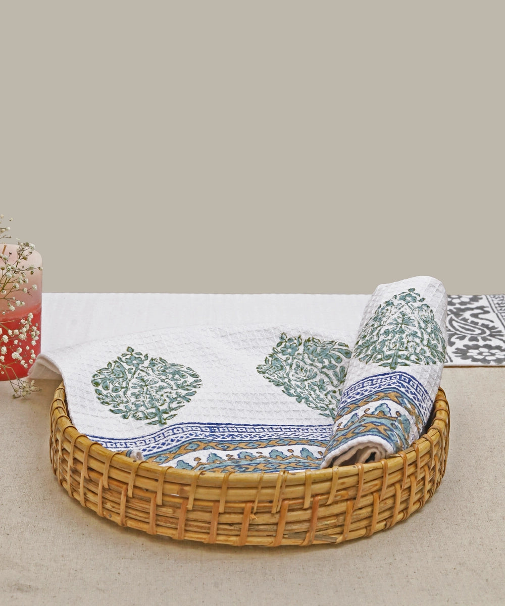 Block Printed Hand Towel | Set of 2 pcs | Parrot Cotton Honeycomb Waffle