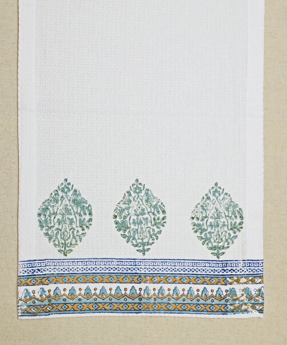Block Printed Hand Towel | Set of 2 pcs | Parrot Cotton Honeycomb Waffle