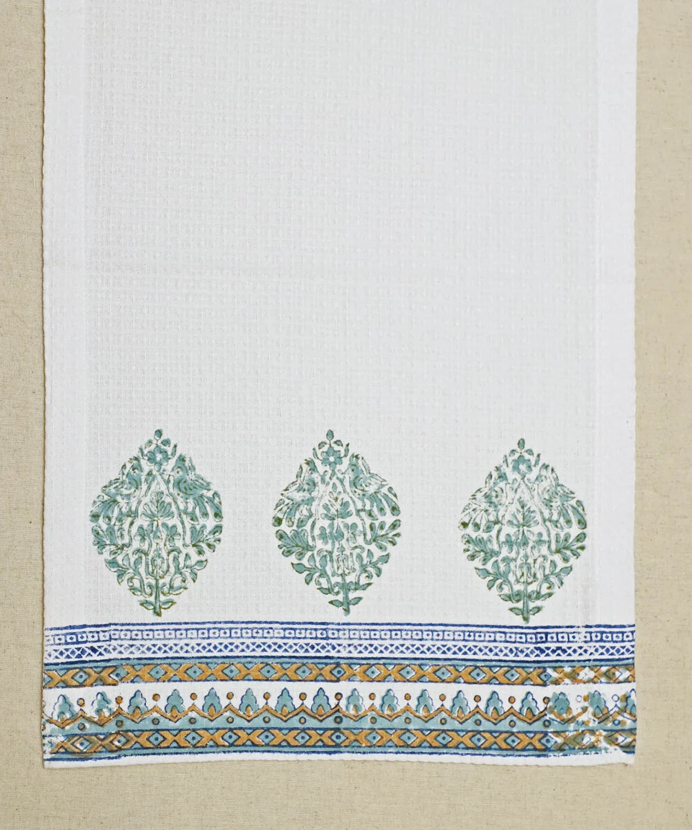 Block Printed 1 Pc Bath and 2 Pcs Hand Towel Set | White, Turq, Grey Honeycomb Fabric
