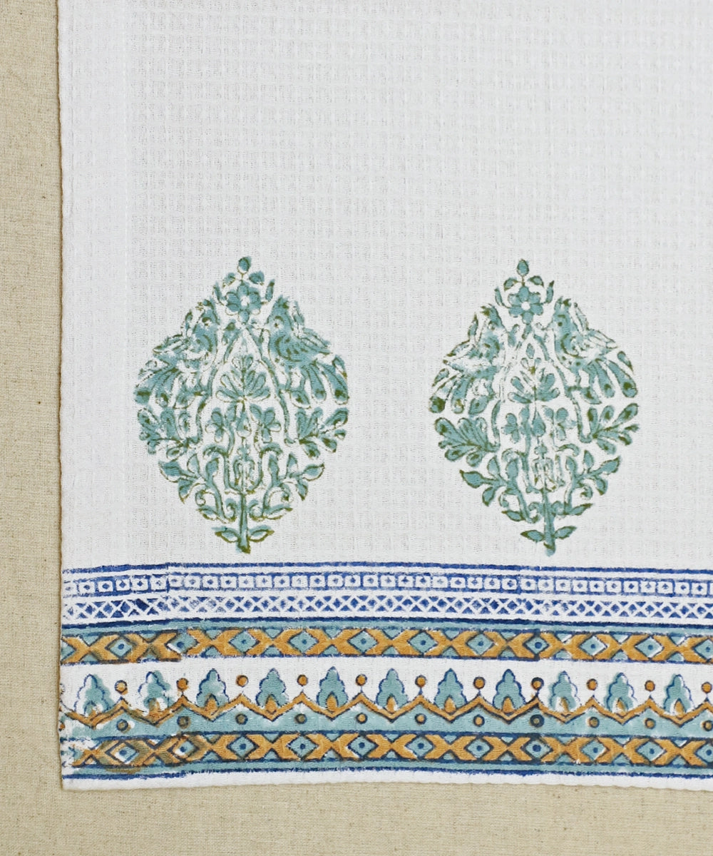 Block Printed Hand Towel | Set of 2 pcs | Parrot Cotton Honeycomb Waffle
