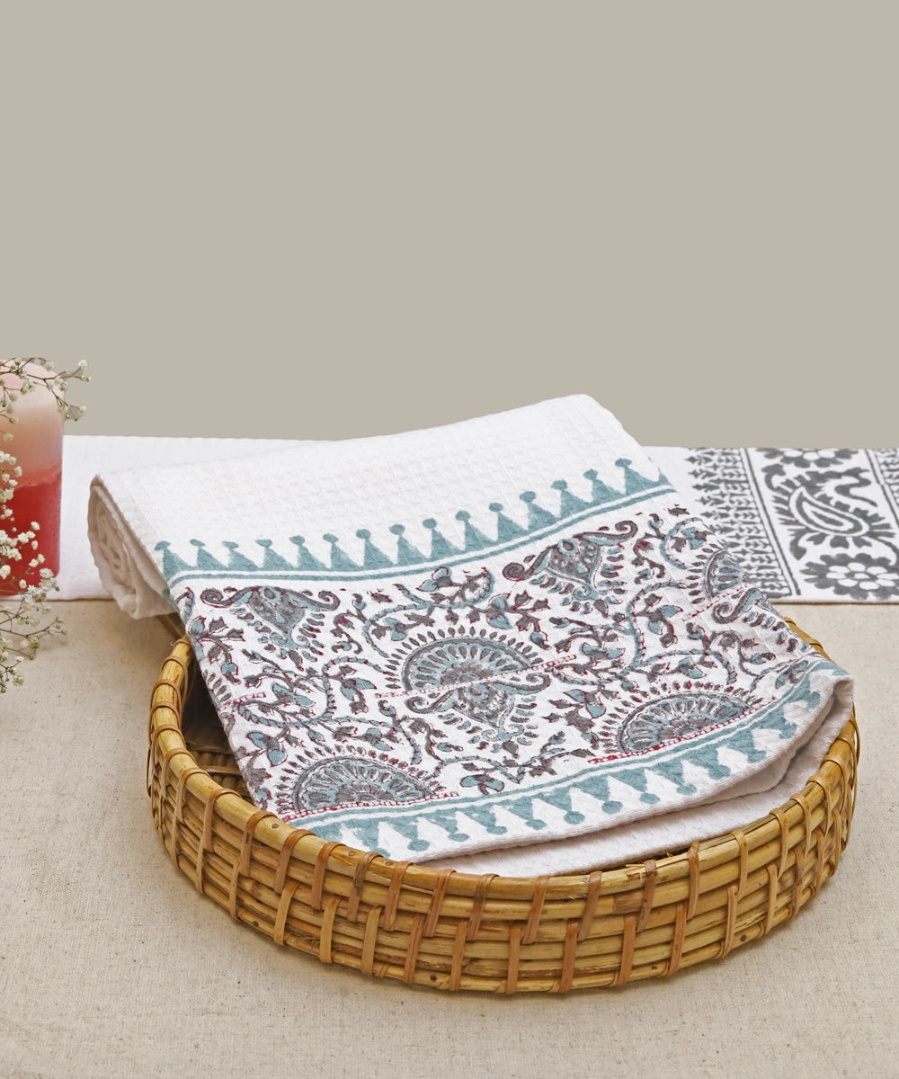 Block Printed Bath Towel | White Turq Triangle | Cotton Honeycomb Waffle
