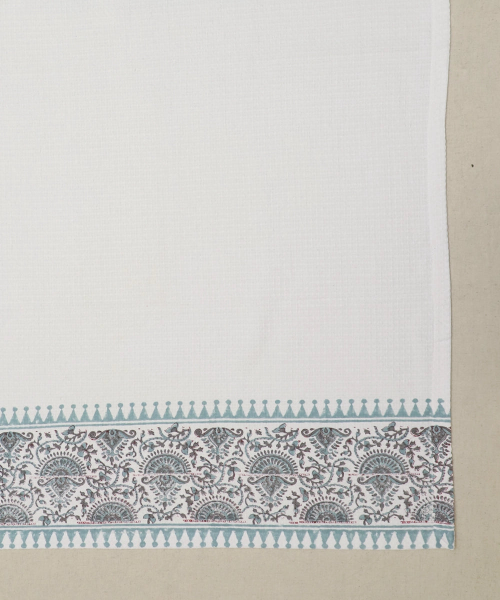 Block Printed Bath Towel | White Turq Triangle | Cotton Honeycomb Waffle