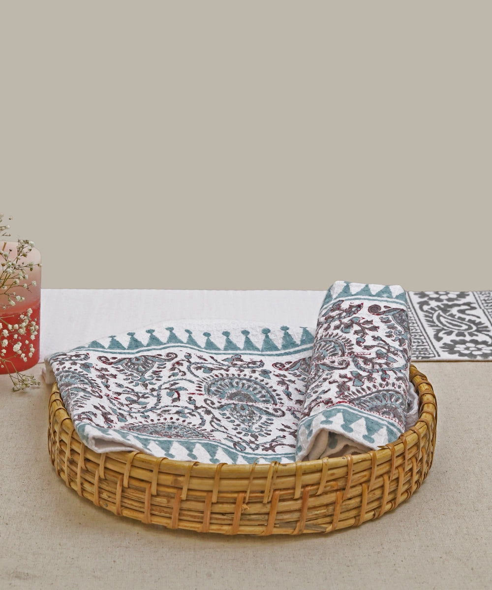 Block Printed Hand Towel | Set of 2 pcs | Triangle Border Cotton Honeycomb Waffle