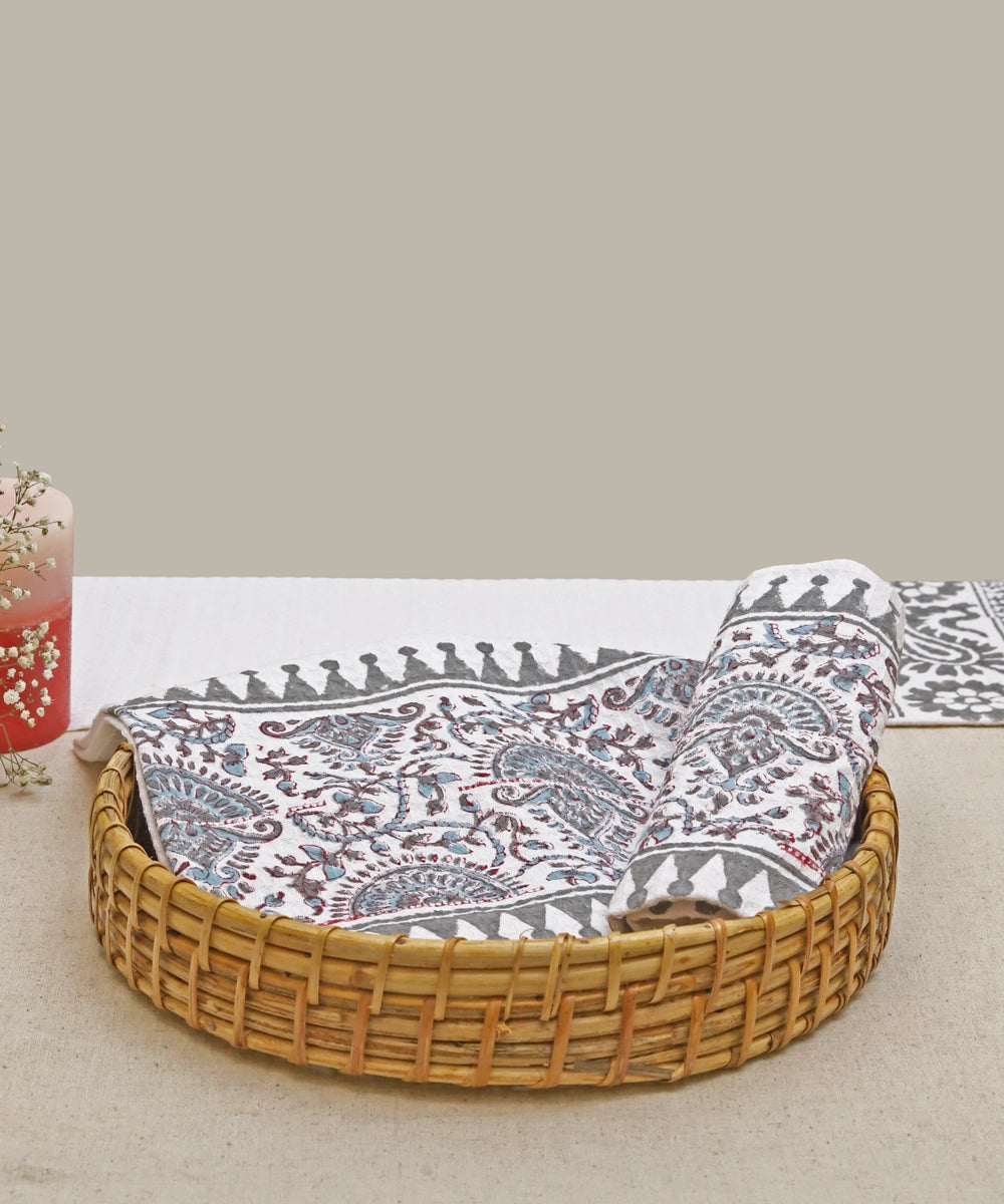 Block Printed Hand Towel | Set of 2 pcs | Triangle Border Cotton Honeycomb Waffle