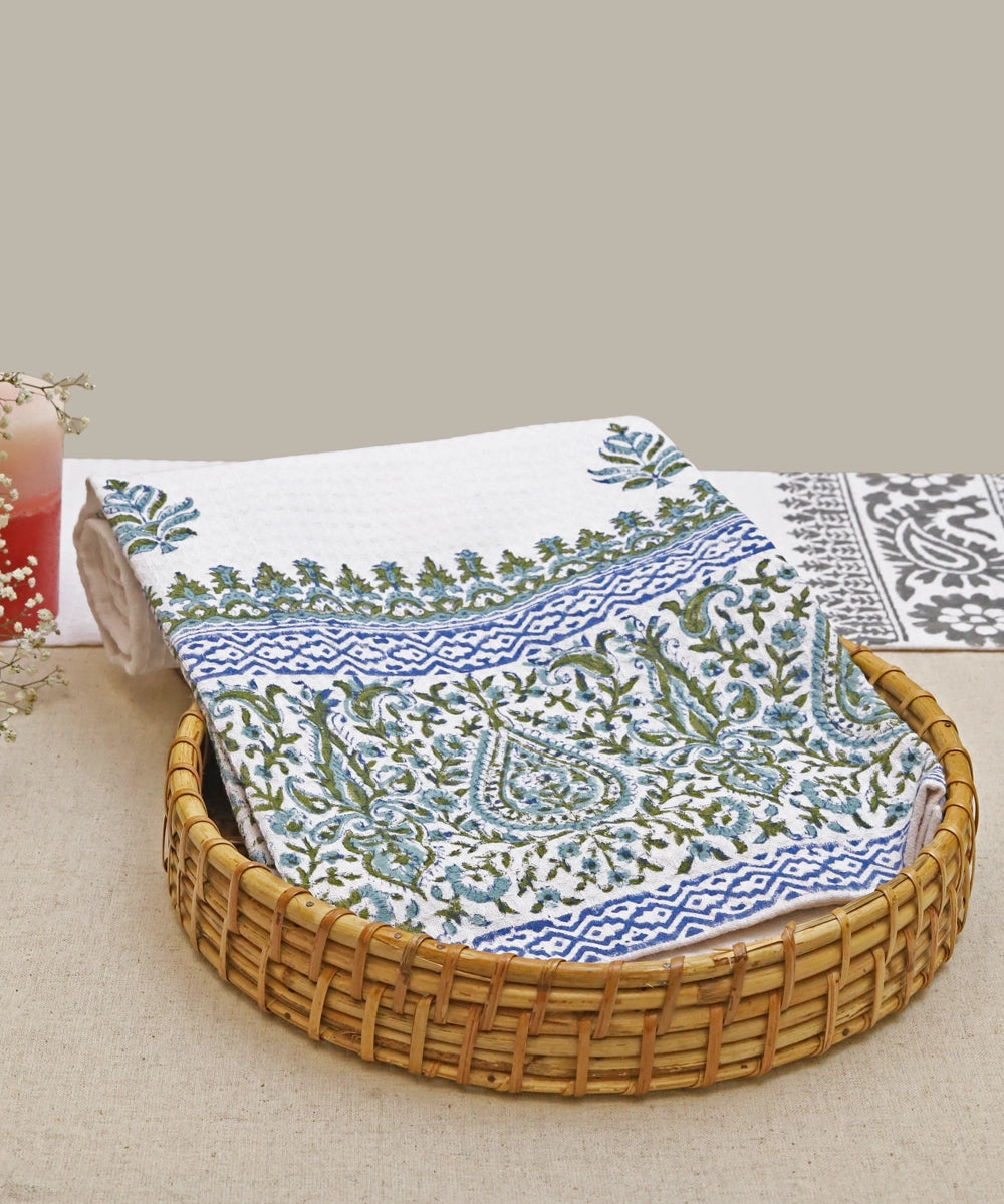 Block Printed Bath Towel | White Floral Turq | Cotton Honeycomb Waffle