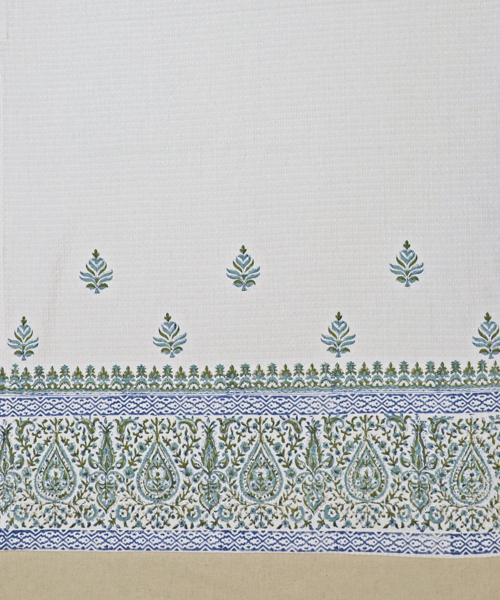 Block Printed Bath Towel | White Floral Turq | Cotton Honeycomb Waffle