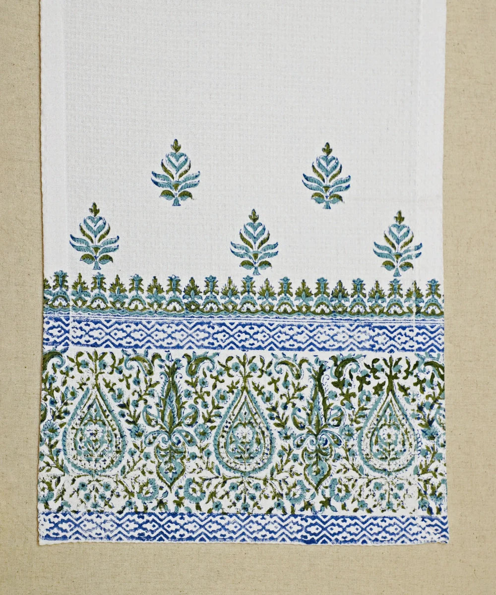Block Printed 1 Pc Bath and 2 Pcs Hand Towel Set | Paisley Border Cotton Honeycomb Fabric