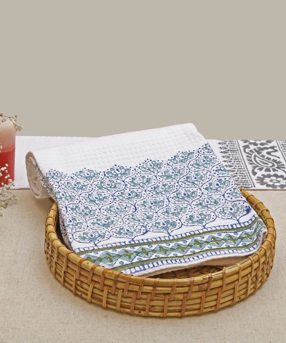 Block Printed Bath Towel | White Turq Grey Moroccan | Cotton Honeycomb Waffle
