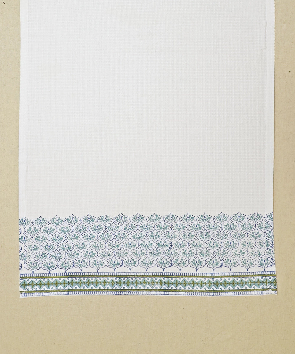 Block Printed Bath Towel | White Turq Grey Moroccan | Cotton Honeycomb Waffle