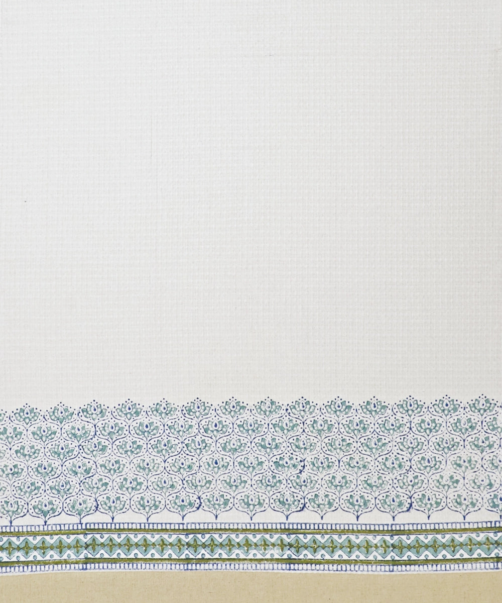 Block Printed Bath Towel | White Turq Grey Moroccan | Cotton Honeycomb Waffle