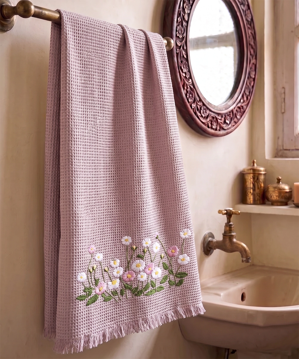Embroidered Bath Towel | Soft Cotton Waffle | Onion Pink