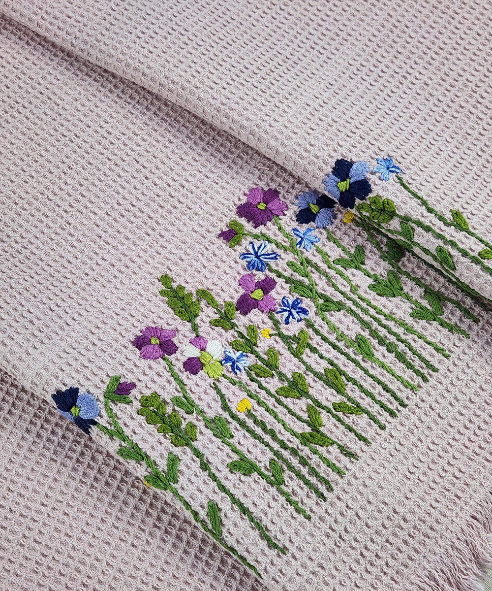 Embroidered Bath Towel | Soft Cotton Waffle | Pink Multicolor