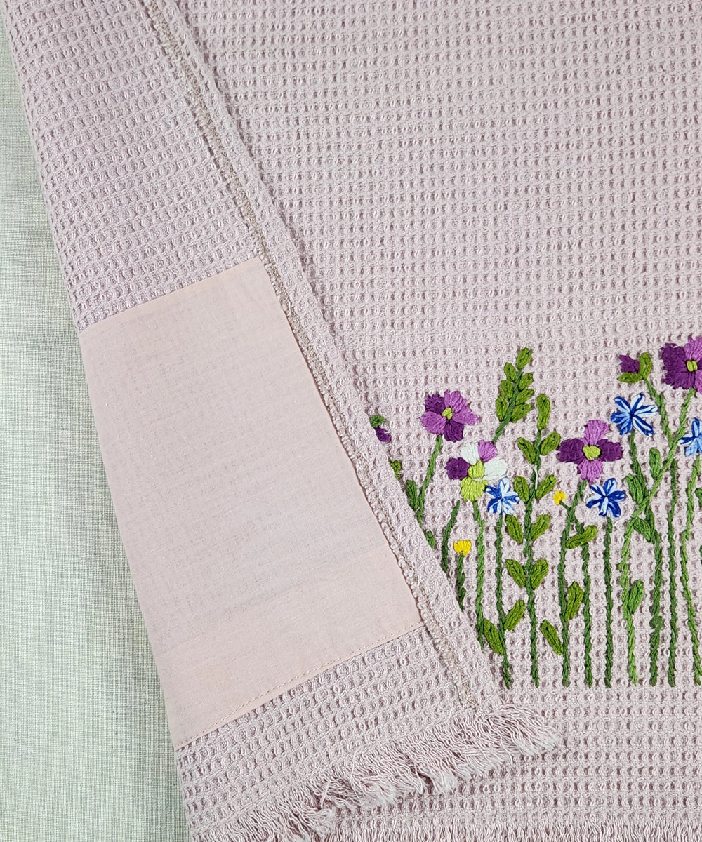 Embroidered Bath Towel | Soft Cotton Waffle | Pink Multicolor