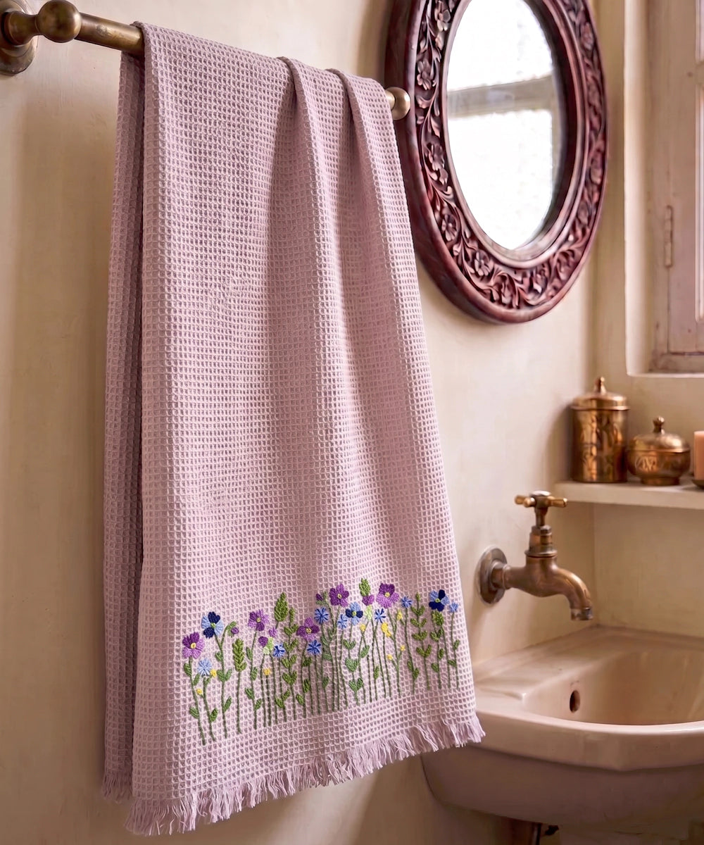 Embroidered Bath Towel | Soft Cotton Waffle | Pink Multicolor