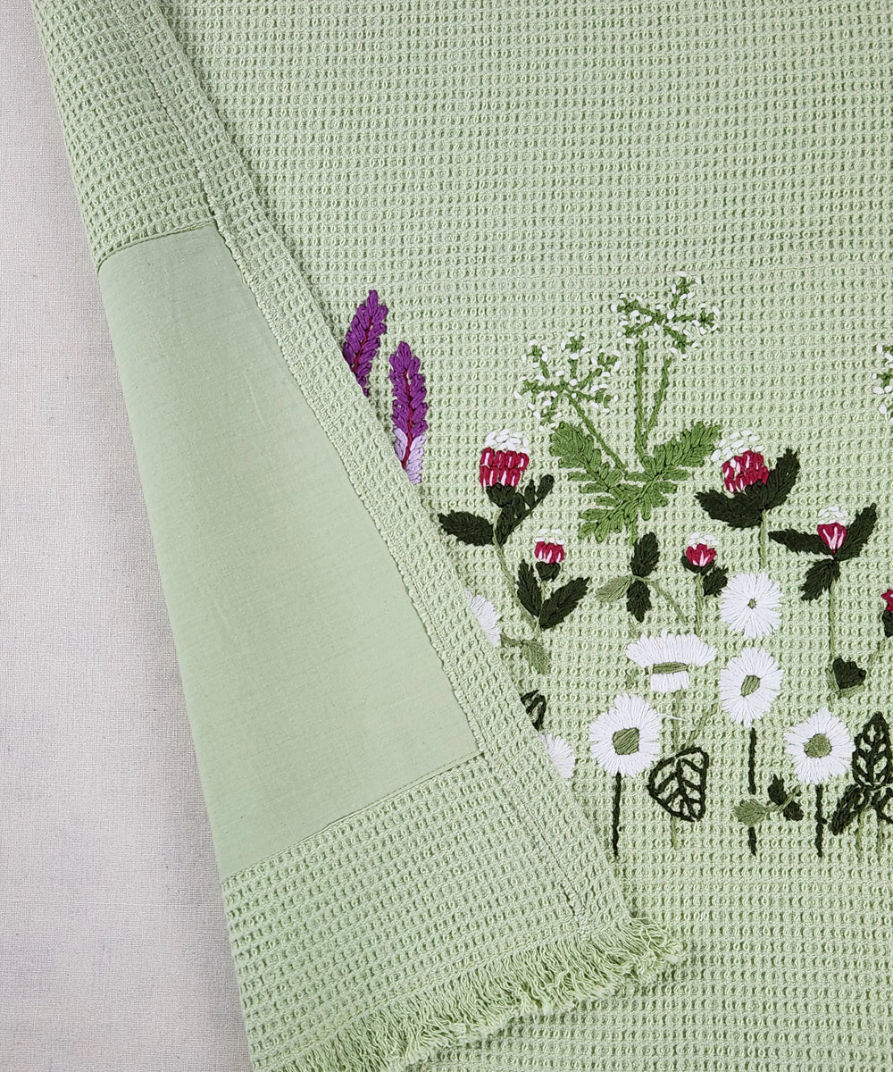 Embroidered Bath Towel | Soft Cotton Waffle | Sage Green