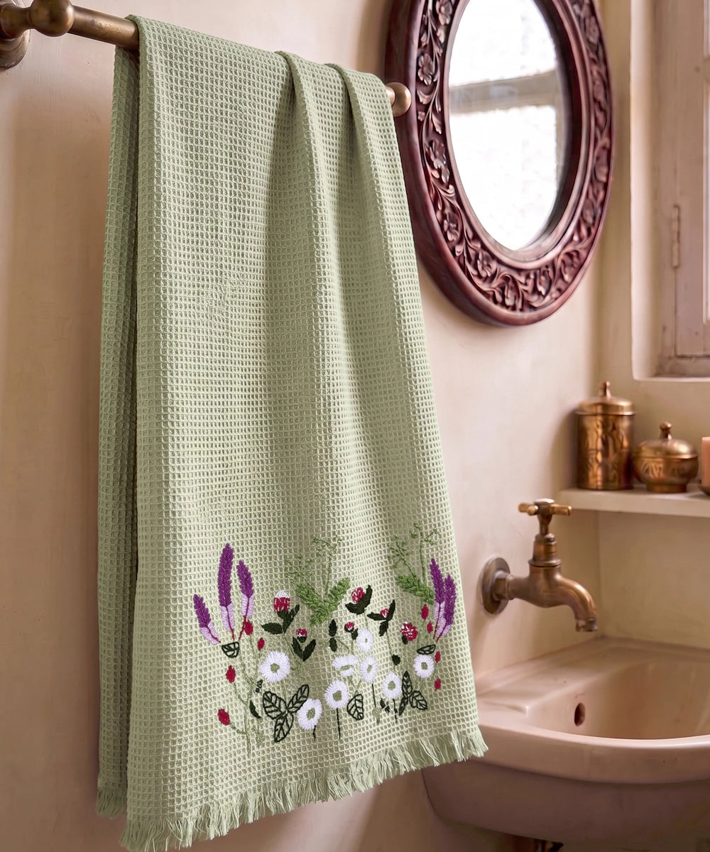 Embroidered Bath Towel | Soft Cotton Waffle | Sage Green