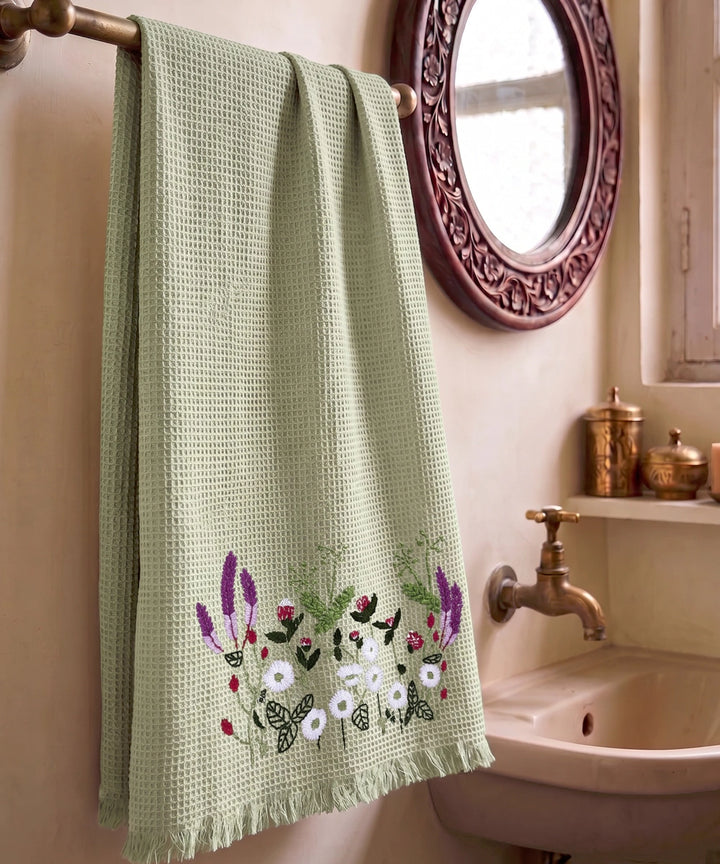 Embroidered Bath Towel | Soft Cotton Waffle | Sage Green