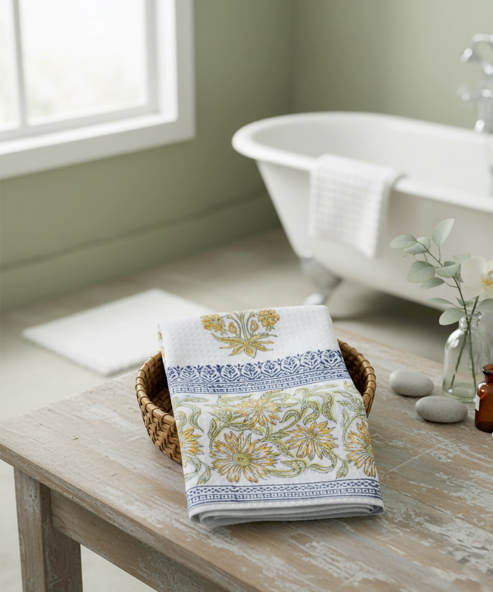 Block Printed Bath Towel | White & Yellow Floral | Cotton Honeycomb Waffle