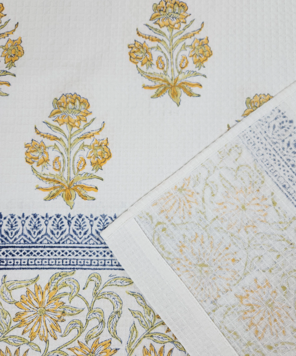 Block Printed Bath Towel | White & Yellow Floral | Cotton Honeycomb Waffle
