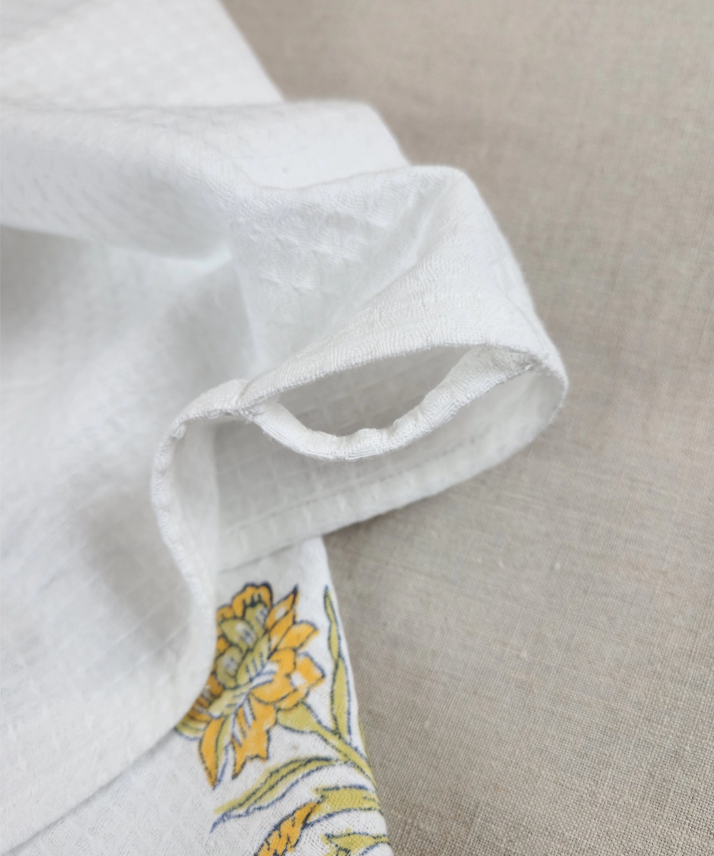 Block Printed Bath Towel | White & Yellow Floral | Cotton Honeycomb Waffle