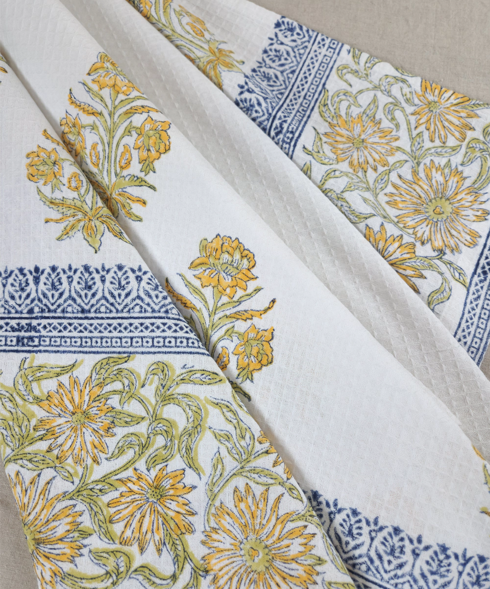 Block Printed Bath Towel | White & Yellow Floral | Cotton Honeycomb Waffle