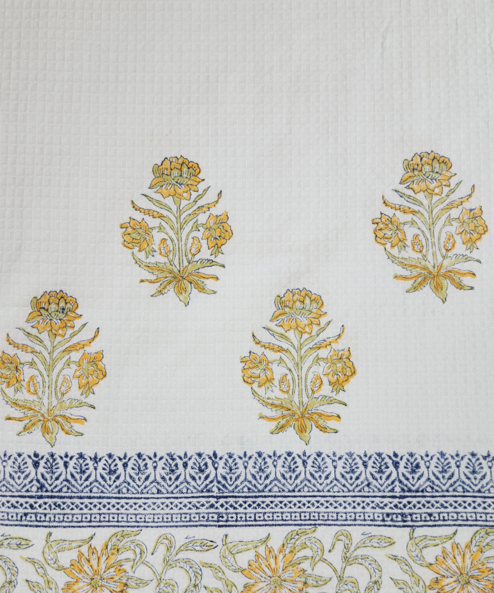 Block Printed Bath Towel | White & Yellow Floral | Cotton Honeycomb Waffle