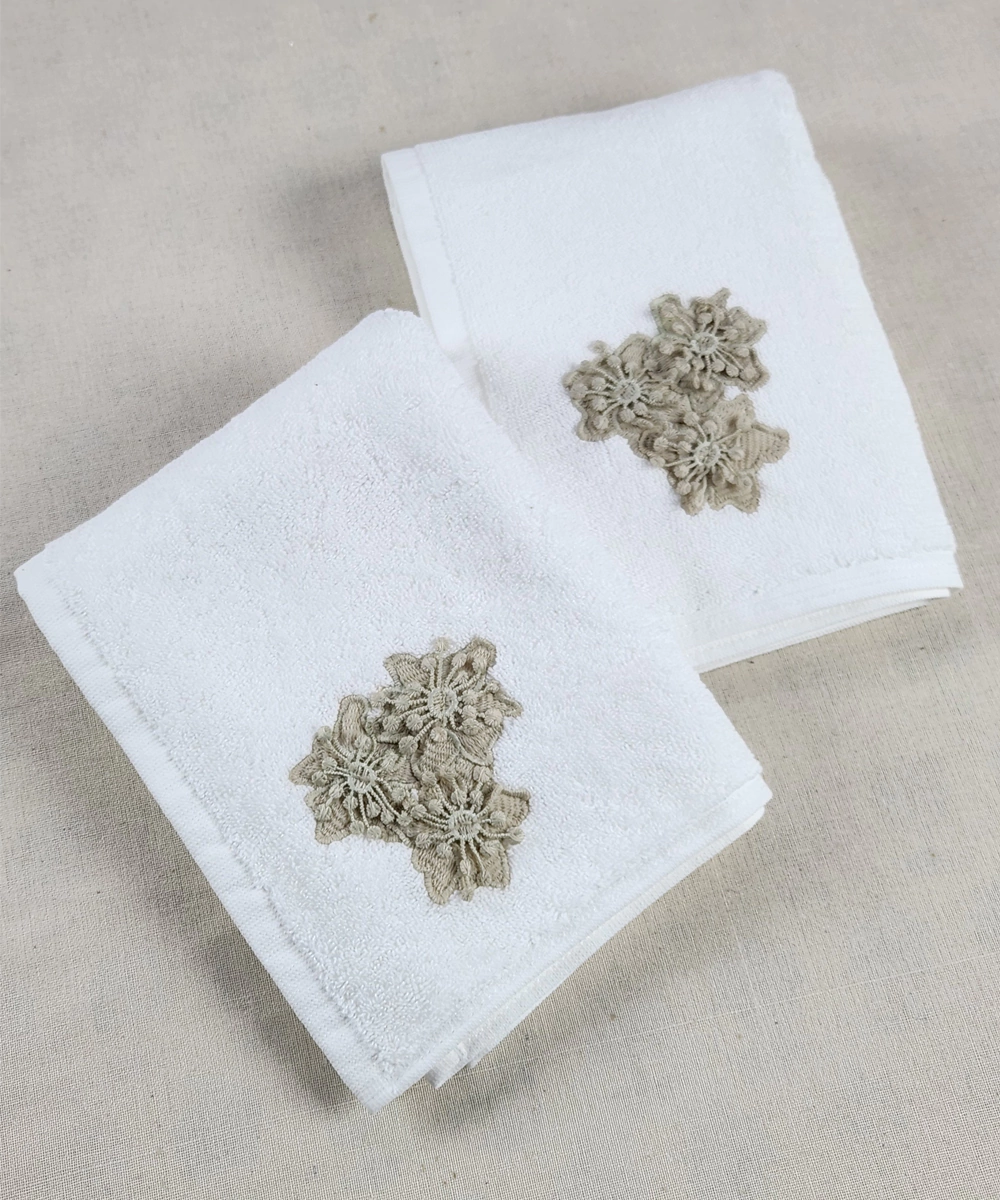 Embroidered Hand Towel - Set of 2 pcs in Soft Cotton Waffle | White