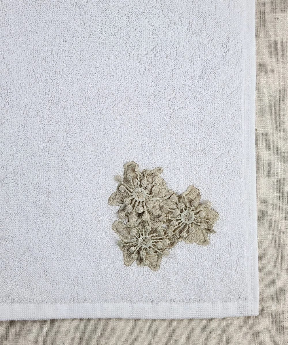 Embroidered Hand Towel - Set of 2 pcs in Soft Cotton Waffle | White