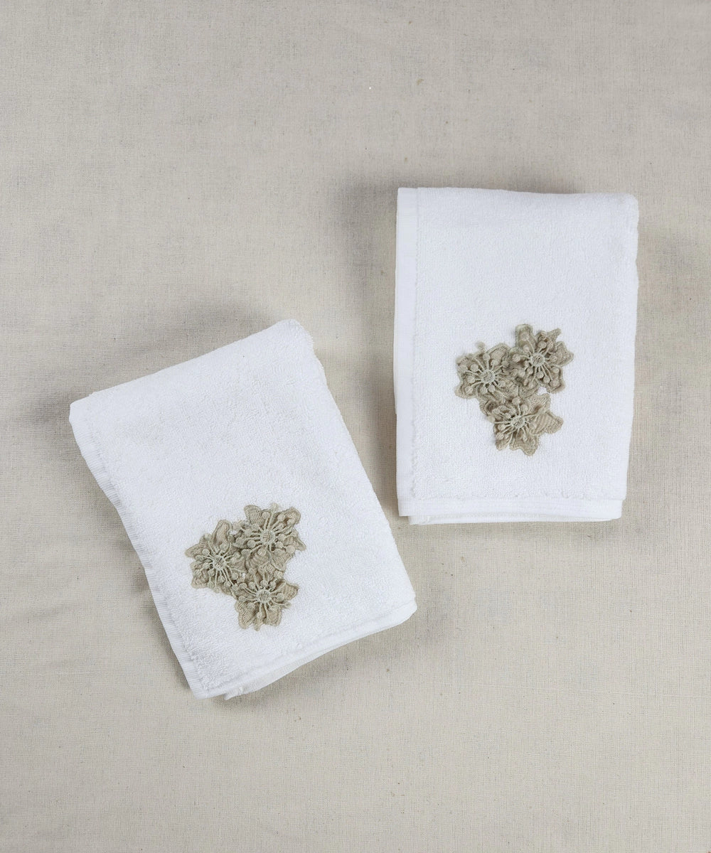 Embroidered Hand Towel - Set of 2 pcs in Soft Cotton Waffle | White