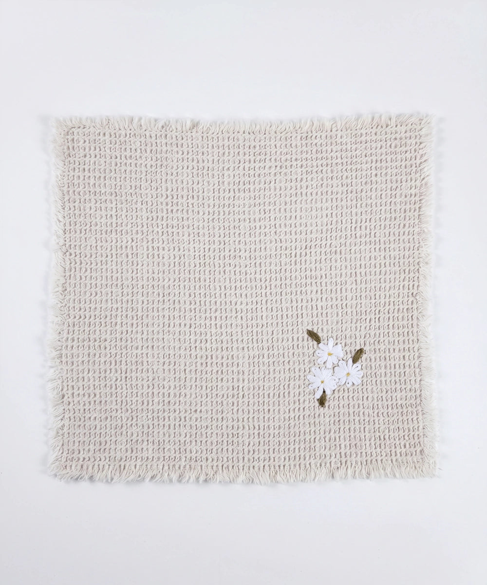 Set of 2 pcs Hand & 4 pcs Face Towels | Embroidered Cotton Waffle | White and Beige