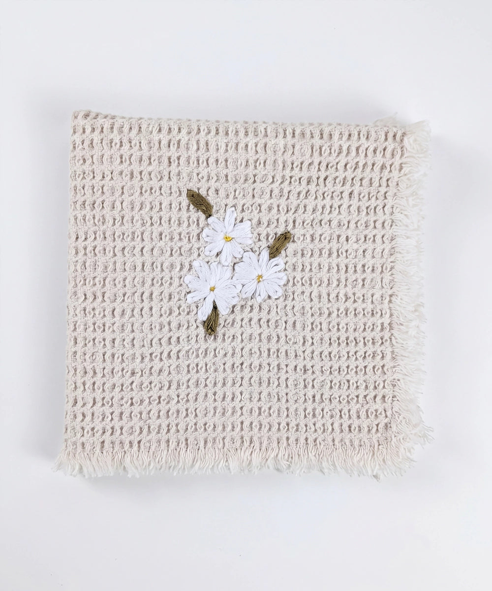 Set of 2 pcs Hand & 4 pcs Face Towels | Embroidered Cotton Waffle | White and Beige