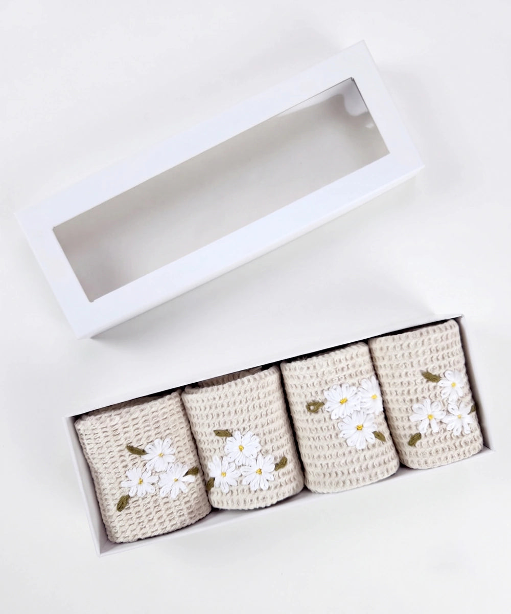 Embroidered Face Towel - Set of 4 pcs in Soft Cotton Waffle | Beige